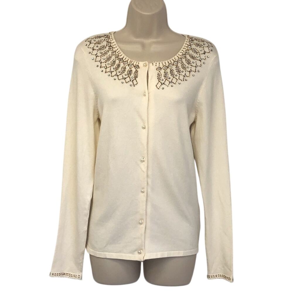 Belldini Ivory Beaded Neckline Cardigan Sweater Gold White Sparkly Beading
